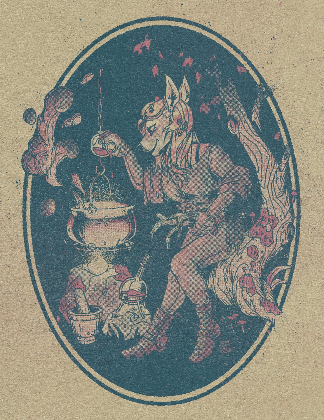 An illustration of an alchemist doe in the woods, tending to a cauldron brew. Around her are various tools and supplies, including a bottle of some kind of liquid which she carefully pours into the concoction. In her other hand are discarded antlers. Her expression is soft yet happy.